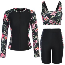 JACK SMITH Swim Suits for Women 2024 Women Long Sleeve Swimsuits Tankini Bathing Suits UPF50+ Swimsuit with Swim Shorts Black/Flower