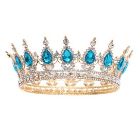 FORSEVEN Queen Crown Rhinestone Wedding Crowns and Tiaras for Women Costume Party Hair Accessories Princess Birthday Crown Crystal Bridal Crown (Gold+Lake Blue)