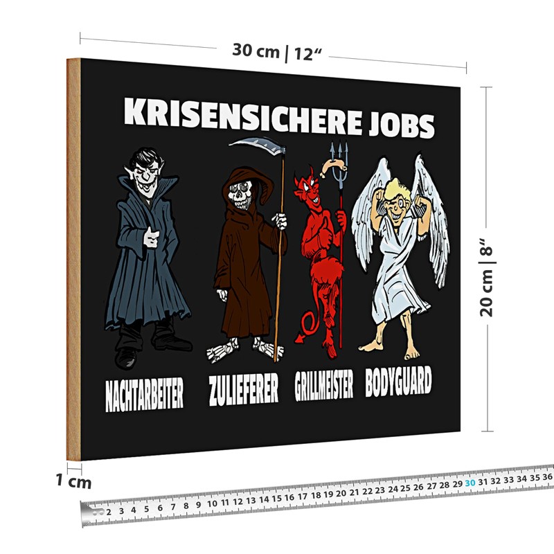 Dekoratives Holzschild 'Krisensichere Jobs' mit Comicfiguren | Humorvolles Geschenk für