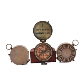 Antique Nautical Vintage Directional Magnetic Compass with Famous Scripture Quote Engraved Baptism Gifts with Leather Case for Loved Ones, Son, Father, Fiancé. ("God is With You Wherever You Go")