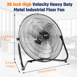20 Inch Industrial Floor Fan, 3-speed High Velocity Heavy-Duty Standing Fan, 180°Adjustable Tilt, Metal Construction and Aluminum Blades for Warehouse, Workshop, Factory, Garage, Black