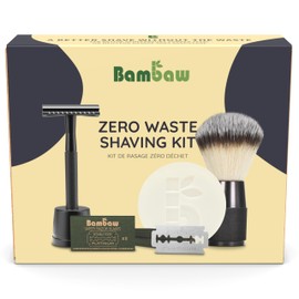 Bambaw Shaving Set for Men Includes: 1 Black Safety Razor with Stand 15 Double Sided Razor Blades, 1 Fragrance Free Shaving Soap & 1 Black Shaving Brush, Gifts for Men