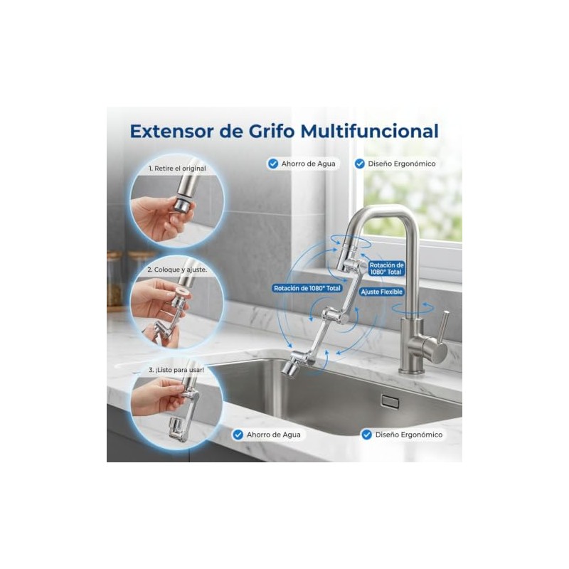 Aireador Extensor de Grifo Giratorio de 1080, Universal Extension de