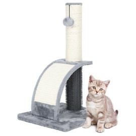 Tall Cat Scratching Post with Groomer, 19.6" Scratching Post with Wood Frame, Stable Sisal Cat Post with Extra Interactive Dangling Plush Toy,Protect Furniture