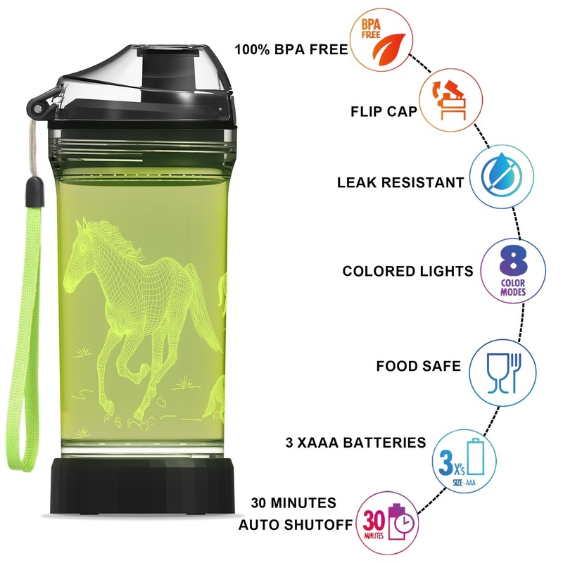 Kids Water Bottle, Horse-themed Light-Up Sport Cup with 3D Glowing