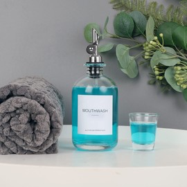 HomeFeel Mouthwash Dispenser for Bathroom, 12.7 oz, 2 Pack - Glass Mouthwash Bottle with 304 Stainless Steel Spout & Minimalist Labels, Style Mouthwash Container, Silver