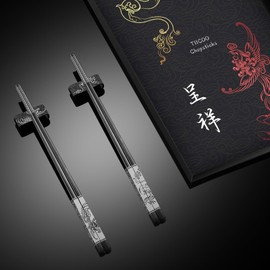 TIICOO Dragon & Phoenix Stainless Steel Chopsticks Set - 4 Pairs 18/8 (304) Metal Chopsticks with Holder - Chinese Traditional Gift Set, Non-Slip, Dishwasher Safe, Elegant Black Gift Box