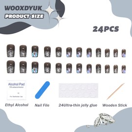 WOOXDYUK French Long Press On Nails Shiny Aurora False Fake Nails Press On Artificial Nails for Women Stick On Nails with Jelly Glue Pack of 24