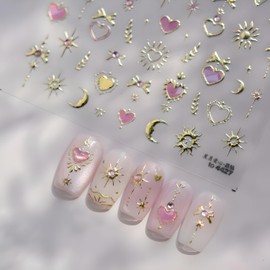 Gold Nail Stickers for Nail Art 5D Self-Adhesive Heart Nail Stickers Bow Moon Star Nail Decals with Rhinestones Design Sun Nails Supplies Decoration Accessories for Women and Girls