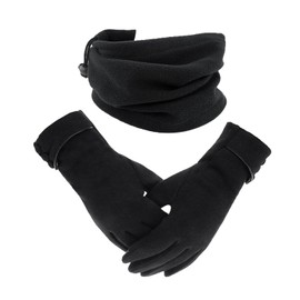 1 Pair Women Winter Gloves 1 Neck Gaiter Suede Button Gloves Touch Screen and Non-Slip Cycling Gloves Windproof and Warm Suitable for Skiing and Outdoor Activities (Black), black