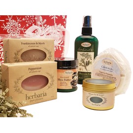 Herbaria “Christmas” Gift Collection Set with 7 all-natural items with essential oil scents. Boxed and gift wrapped.
