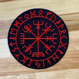 Viking Compass Embroidered Patch Black Red Vegvísir Iron-On Norwegian Navy Guide