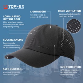 TOP-EX XL/XXLMens Baseball Cap Lightweight Quick Dry Summer Sports Cap Breathable Water-Resistant UV Sun Cap for Golf & Running Adjustable Black