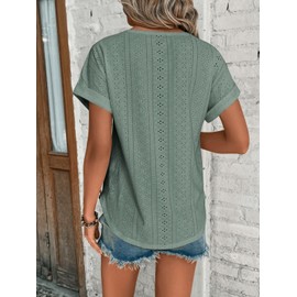 Bliwov Womens Tops Eyelet Embroidery Summer Spring Curved Hem 2025 Casual Short Sleeve Trendy T Shirts Beach Vacation Clothes,Green,XL