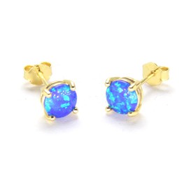 Gold Plating Sterling Silver Blue Fire Opal Stud Earrings for Women 6MM Faux Round Gemstone October Birthstone Earrings