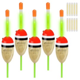 QualyQualy 5Pcs Lighted Fishing Bobbers EVA Foam Fishing Floats and Bobbers + 10Pcs Fishing Glow Sticks, Night Fishing Light Up Bobbers (Wood, 2.2'' - 5Pcs)