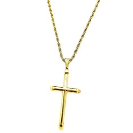 INCREDIBLE CHIC COLLECTIONS 24K Gold Rope Chain Style Cross Pendant Necklace Real Gold Plated Solid Clasp for Men,Women,Teens 3mm Miami Cuban Link 18",20",22" (22")