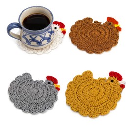 Cute Coasters in Chicken Shapes, Set of 4 Crochet Coasters for Desks and Coffee Tables, Handmade Coasters for Drinks with Farmhouse Charm