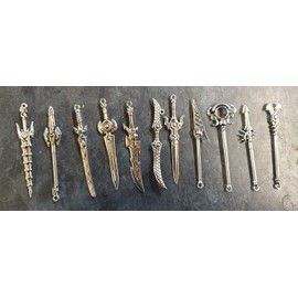 Fat-catz-copy-catz 11x Miniature Silver Antique Tone Japanese Anime Weapons Charms for Jewellery Making Bracelets, Earrings, Necklaces