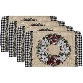 White and Red Poinsettia Flowers Wreath with Farmhouse Design Christmas Tapestry Placemat Set of 4 for Holiday Season, Kitchen Dining Table Size: 13" x 19".