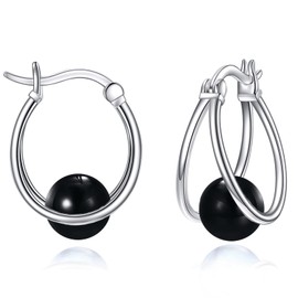 POPLYKE Gemstone Double Hoop Earrings for Women Sterling Silver Pearl Moonstone Turquoise Black Onyx Opal Lapis Lazuli Earrings for Women, Sterling Silver, Black Onyx