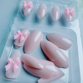 Light Pink Press on Nails Almond Short with Charms Bow Design, Pink Acrylic Nails Press ons Nude False Nails Glue on Nails Glossy Full Cover Stick on Nails for Women Manicure 24Pcs
