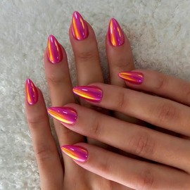 Uñas postizas cortas de almendra color rosa intenso cromado, uñas postizas de gel suave y brillante con acabado UV brillante, 30 piezas de uñas postiz