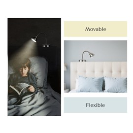 Solfres Patented Innovative Design Headboard Reading Light. No Drilling Golden Book Light for Bedtime Reading. Dimmable LED Book Reading Lamp with Bulb. Movable & Flexible, Silver