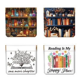 Peacoblue 4Pcs Small Leather Squeeze Coin Purse for Women-Bookshelf and Books Pattern Waterproof & Durable Change Pouch Mini Money Wallet,Best Gift for Adult Girls