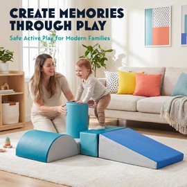 JungleDove Foam Climbing Blocks Set for Toddlers – 6-Piece Soft Play Gym with Ramp, Arch & Building Blocks, Wipe-Clean PU Leather Indoor Climbing Toys, Modern Blue-Grey Nursery Decor