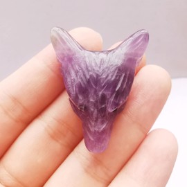 Manekieko Natural Amethyst 35 mm Wolf Head Pocket Crystals and Healing Stone Figure, Haped DIY Jewellery Pendant