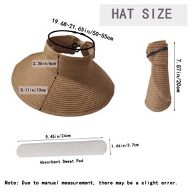 StilvollMao Sun Visor Hats for Women, Straw Sun Hat Wide Brim Summer Sun Hat Foldable Beach Hats with Cap Absorbent Sweat Pad (Straw, Khaki)