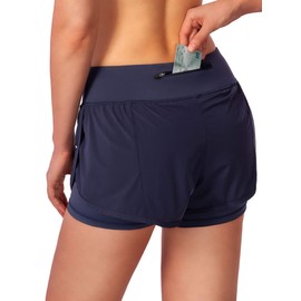 Soothfeel Pantalones Cortos de Correr 2 en 1 para Mujer, para Entrenamiento, Gimnasio, Yoga, con Bolsillos para teléfono, Azul Marino, S