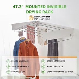 Heshecein Wall Mounted Drying Rack,Collapsible Drying Racks for Laundry,7 Stainless Steel Rods,Folding Indoor/Outdoor Drying Rack Clothing,Collapsible Laundry Drying Rack,47” Wide