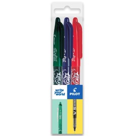 Pilot Frixion FR7 Erasable Rollerball Pen Medium Line 0.7mm Tip - Blue, Green and Red (Pack of 3)