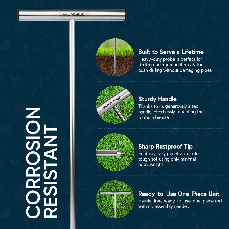 Varomorus Stainless Steel Soil Probe Rod, Septic Tank Locator for