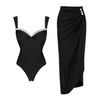 FLAXMAKER Black Double Shoulder Straps Chest Pearl One Piece Swimsuit