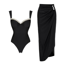 FLAXMAKER Black Double Shoulder Straps Chest Pearl One Piece Swimsuit and Skirt (US, Alpha, Large, Regular, Regular, Swimsuit and Skirt)