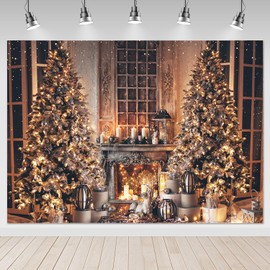 Mocsicka 10x8ft Christmas Photography Backdrops Indoor Night Scene Christmas Tree Backdrop Fireplace Backdrop Holiday Backdrops for Photoshoot Shiny Christmas Photo Backdrop