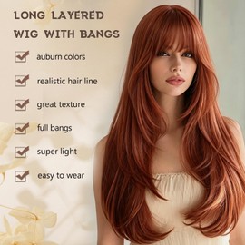 Auburn Wig with Bangs for Women Long Layered Wigs 26 Inch Auburn Wigs Natural Looking Heat Resistant Synthetic Wig for Daily Party Use