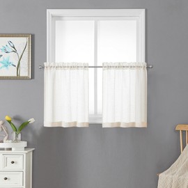 Lecloud Doris Slub Textured Linen Sheer Cafe Curtains 24 Inch Length 2 PCS, Double Rod Pockets Window Living Room Curtain Tiers, Solid Gauzy Cupboard/Bathroom/Bedroom/Kitchen Valance, 30W x 24L