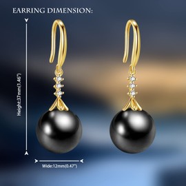 JAXXEL Black Pearl Dangle Earrings, 18K Gold Plated Fishhook Pearl Drop Earrings with CZ Diamond, 5A+ Cubic Zirconia Pearl, 12MM