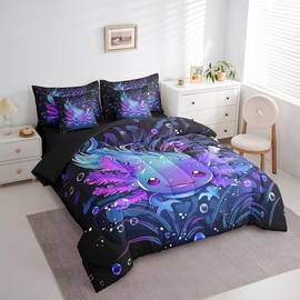 Feelyou Cute Axolotl Bed Set Boys Girls Queen Size Salamander 7 Pieces Bedding Set, for Women Men Ultra Soft Reptile Animal Bed in a Bag with Comforter, Sheets, Pillowcases Ocean Sealife Room Decor