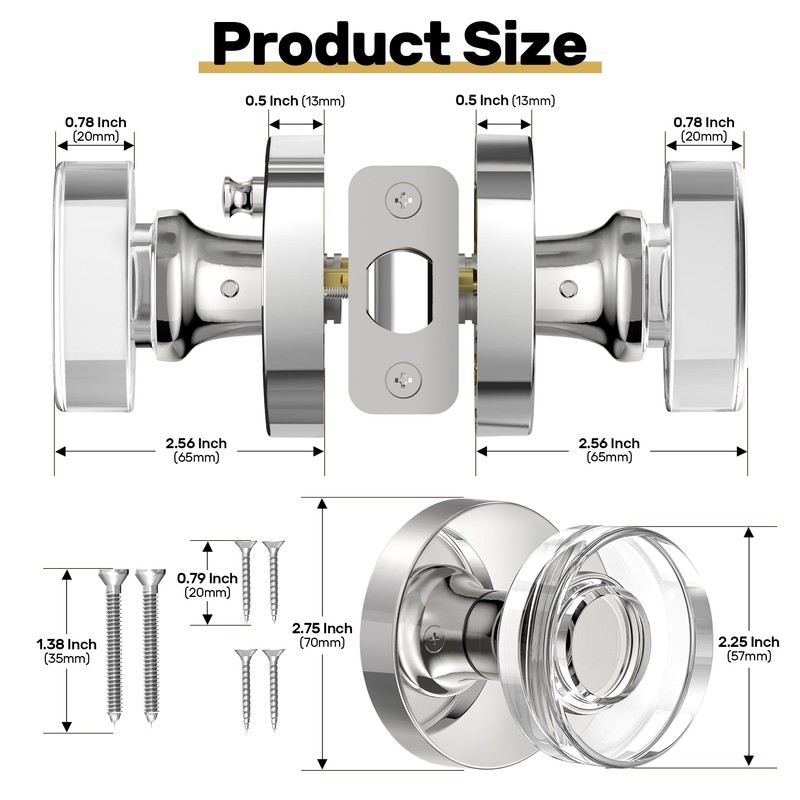 naubea Crystal Door Knob Polished Chrome Interior Privacy Door Knobs