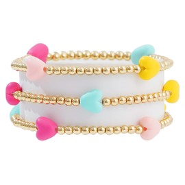 RISHEGAE Heishi Beaded Stretch Bracelets for Women Stackable Gold Polymer Clay Beads Bracelets Friendship Boho Summer Beach Bracelets Jewelry Set (Colorful Heart 3pcs)