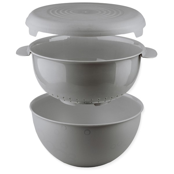 Go Practic Bowl Set with Strainer and Lid, 3 Pieces, Plastic, Kitchen Strainer, Salad Bowl, Dishwasher Safe, 3 L, Kitchen, Grey