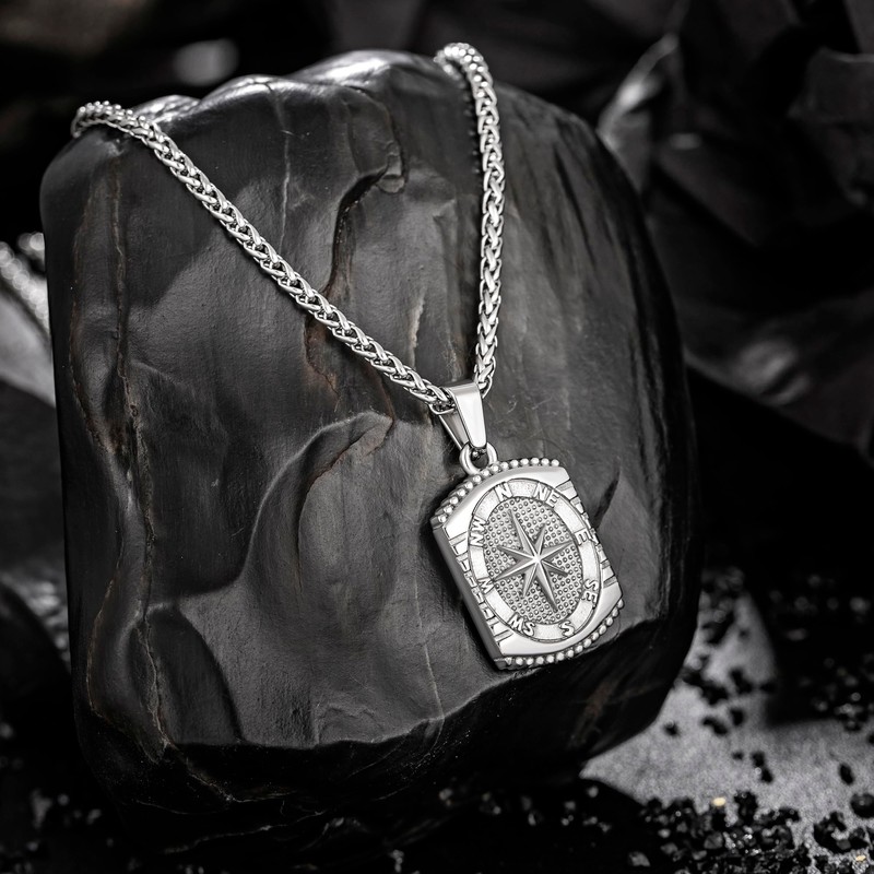 murtoo Pendant Necklace for Men, Stainless Steel Compass Mens Necklace