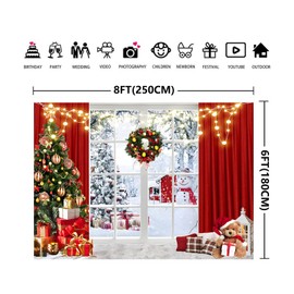 Aisnyho Winter Christmas Backdrop Snow Scene Tree Garland Gift Window Red Curtain Merry Xmas Backdrops for Photography Family Party Decorations New Year (8x6FT)