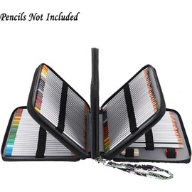 Miners2000 200 Slots Colored Pencil Organizer - Deluxe PU Leather Pencil Case Holder with Removal Handle Strap Pencil Box Large for Colored Pencils Watercolor Pencils (Black+Blue)