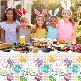 tineit Easter Tablecloth, Happy Easter Eggs Disposable Tablecloths for Easter Decorations, Easter Plastic Tablecloth Rectangle for Spring Easter Party Table Decor, Easter Buffalo Plaid Table Cover